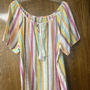 Cato Pink and Yellow Puff Sleeve Blouse with Tie Front